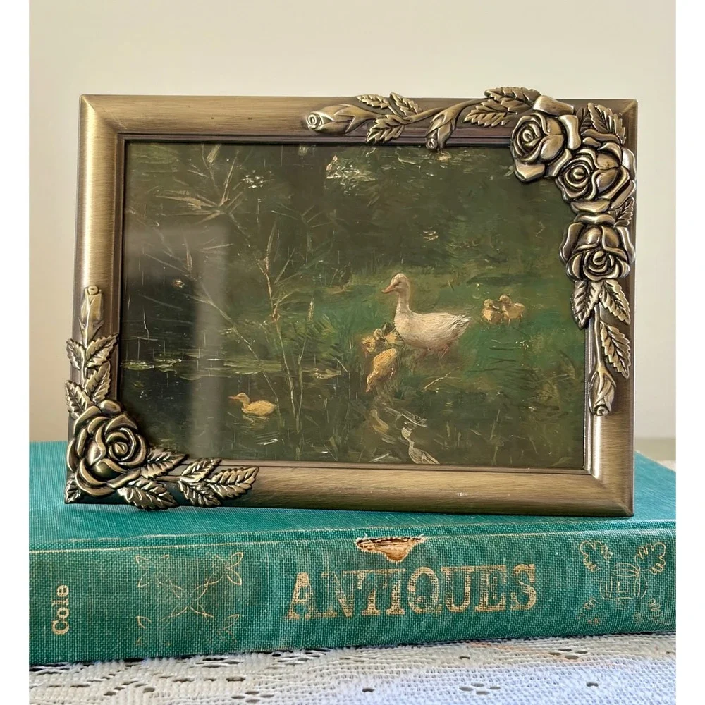 Vintage Pewter Rose Floral Picture Frame with Duck Pond Art Print 5x7 4x6